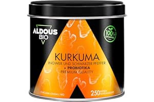 ALDOUS BIO BIO Kurkuma Kapseln + Probiotika mit Ingwer und Schwarzem Pfeffer - 250 Stück - 1460mg - Kurkuma Kapseln mit Curcumin und Piperin - Natürliche Entzündgunshemmende Wirkung - Zertifizierte Bio Qualität