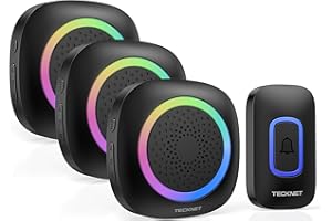 TECKNET Sonnette sans Fil Exterieur Etanche, 400M IP66 Étanche Sonnette sans Fil avec Pile, 3 Récepteur avec Lumière RVB, 60 Mélodies et 5 Niveaux, Carillon sans Fil pour Maison, Hôtel, Urgence, Noir