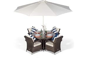 GIARDINO Arizona Luxury Rattan Dining Set | Round 4 Seater Brown Rattan Dining Set | Outdoor Poly Rattan Garden Table & Chairs Set | Patio Conservatory Wicker Garden Dining Furniture with Parasol & Cover