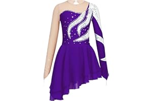 iEFiEL Vestito da Pattinaggio Artistico per Bambina Manica Lunga Abito da Ginnastica Paillettes Leotards Body da Balletto Abito da Ballo Dancewear 5-16 Anni