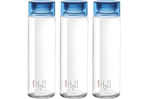 CELLO H2O Toughened Glass Fridge Water Bottle with Plastic Cap, 920ml, Set of 3, Blue