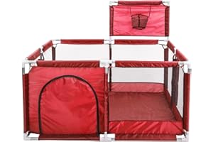 Supernic Baby Playpen Large Playpen Portable Child Safety Yard Activity Center with Basketball Hoop Toddler Fence with Breathable Mesh Extra Large Play Yard (Four-Plate, Red)