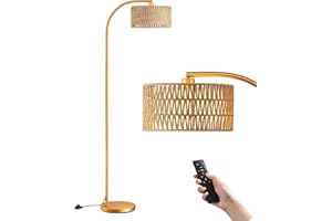 EDISHINE Arc Floor Lamp, Dimmable Standing Lamp with Remote Control, Rattan Lampshade, Boho Floor Lamps for Living Room Bedroom Office, Multiple Color Temps, LED Bulb Included, Gold