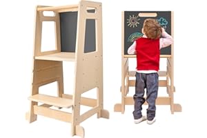 Hlieeosfcn Tour d'apprentissage Enfant,Tour d'observation Montessori,Tour Apprentissage Observation avec Un Tableau,3 Hauteurs Réglables, Surface Anti-Dérapante, Kitchen Helper