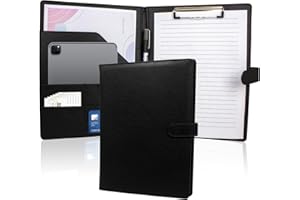 VKWE Portapapeles con Pinza A4, Carpeta Portadocumentos A4 de Cuero PU, Portapapeles Portafolio con Almacenamiento para Entrevistas Currículum Oficina Conferencias para Mujeres y Hombres (Negro)