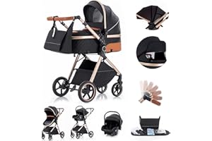 Gcarebb Poussette 3 en 1, Poussettes Combinée Avec Siège Auto, Landaus Poignée Réglable en Hauteur Paysage Haut Cadre en Aluminium Convient Pour Nouveau-né
