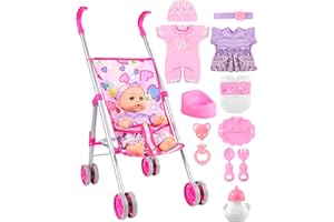 GAGAKU Puppenwagen Set mit 30cm Puppe & Zubehör, Spielzeug-Buggy faltbar für Mädchen ab 1 2 3 4 5 6 Jahre, Baby Puppenwagen für Kinder, mit 30cm Puppe & Accessoires