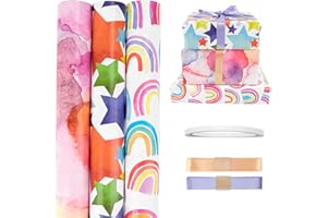 Tufa Carta da Regalo, 3 Rotolo Foglio Carta Regalo Compleanno con Nastri, Carta da Regalo Colorata 43x 300cm, Carta da Pacco Regalo per Natalizia Feste Party Anniversari