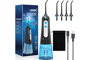 SURFOU Water Flosser for Teeth Cordless, 300ML Portable Oral Irrigator with 4 Modes & 5 Jet Tips for Sensitive Gums and Braces Care, IPX7 Waterproof Rechargeable Dental Flosser