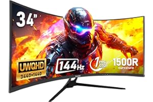 Gawfolk 34 Inch Ultrawide Curved 144Hz Gaming Computer Monitor 1500R PC Screen 21:9 UWQHD (3440x1440),Adaptive Sync,178° Viewing Angle,Display Port、HDMI 2.0, VESA75x75MM-Black