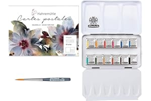 Schmincke Academy Aquarellfarbkasten, Metallkasten, 12 x 1/2 Näpfchen + Hahnemühle Aquarell-Postkartenblock 10,5 x 14,8 cm mit Da Vinci Mini-Pinsel
