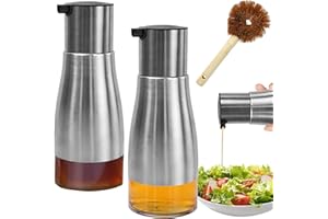 UHETLET 2 PCS Dispensadoras de Aceite y Vinagre 300ml | Aceitera de Acero Inoxidable con Base de Vidrio | Botella de Aceite Rellenable para Oliva, Soja y Vinagres para Cocina y Camping - Con 1 Cepillo