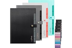 CHILLSILA Fächermappe A4, 4Pcs Gittermuster Dokumenten-Organizer mit Etiketten, 5 Fächer Unterlage-Ordner, Erweiterbar Tragbar Dokumentenmappe (Schwarz Grau Weiß Grün)