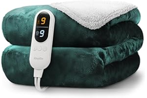 KEPLIN Large Electric Heated Throw Blanket - Electric Heated Blanket Throw for Bedspread 9 Heat Settings & Timer, Machine Washable Fleece Wool Duvet with 1 Year Warranty - Emerald Green/Cream Sherpa