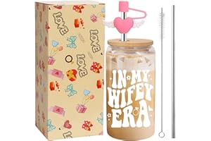 Ninivi Regalos de despedida de soltera, taza de 473 ml con tapa, pajitas y tapa de pajita, vasos de cristal de café helado, regalos de despedida de soltera, regalos de boda para mujeres