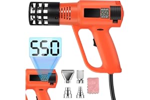 Pfloge® Pistola de Calor 2500W Con Pantalla Digital LCD, 50℃~600℃ Pistola Aire Caliente Temperatura y 2 Flujos de Aire Ajustables, Pistola Calor con 4 Boquillas para Calefacción, Naranja