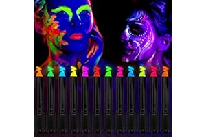 Strehknewen 12 Farben Neon UV Kinderschminke Set,Waschbare Schminkstifte & Schminkfarben, Körperfarbe Buntstifte für Halloween Karneval Fasching, UV Bodypainting Make-up