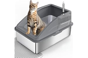 FURTIME XXL pojemnik na litry XXL ze stali nierdzewnej z metalową miarką, Double Mat, High Rim, Large Litter Box for Large Cats, Easy to Clean (Dark Gray)
