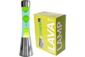 FISURA | Lámpara de lava verde y amarillo. Base plateada cromada, líquido verde y lava amarilla. Lámpara efecto relajante. Con bombilla de repuesto. 11 cm x 11cm x 39,5 cm.