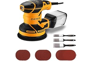 Electric Orbital Sander for Wood: DEKOPRO Sanding Machine with Dust Collector,16Pcs Sandpapers, 6 Variable Speed 14000RPM, 125MM Hand Tool, 3*Flat Paint Brushes,Fit for Woodworking/Sanding(Yellow)