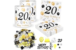 SPRINLOT 20 Stück Servietten 20. geburtstag+ 12 Stück Windlicht Tischdeko 20 Geburtstag + 500 Stücke Konfetti 20 Geburtstagsdeko Schwarze Gold, Deko 20. Geburtstags, Tisch Deko 20 Jahre Happy Birthday Jubiläum