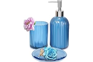 JUPELI 3pcs Bathroom Accessories Set, Luxury Pink Glass Bathroom Accessorey Set W/Liquid Soap Dispenser, Toothbrush Holder Cup, Soap Dish, Modern Bathroom Vanity Decor, Gift for Home Apartment (Blue)