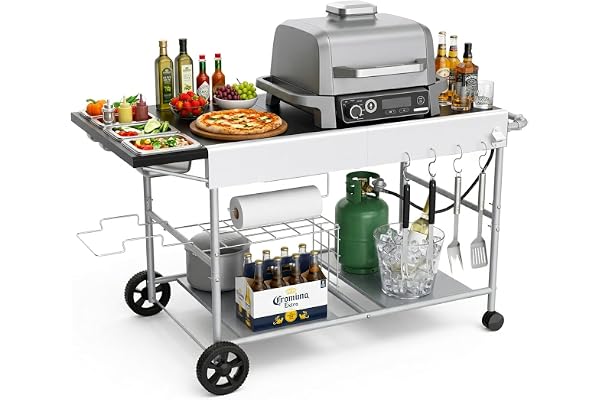 Denmay 128 x 66 x 78 cm - Chariot de barbecue pour la série Weber Q, Ninja Woodfire, four à pizza, barbecue de table, four à pizza, chariot de service avec grande surface de travail, table de barbecue