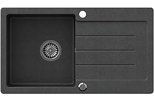 VBChome Fregadero negro 77 x 44 cm de granito, fregadero empotrado reversible, fregadero compuesto + sifón