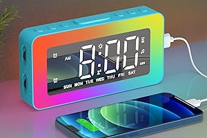 AFEXOA Digital Alarm Clock for Bedrooms, Mirror Alarm with 8 RGB Night Lights, Dual Alarms, 8 White Noise, 7 Wake-Up Sounds, USB Port, 16 Volume, Brightness Dimmable, Snooze… (Blue-1)