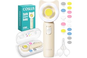 COSLUS Baby Nail File Electric: 16 in1 Safe for ​​Sleep Trim Grind Gentle Baby Nail File with Quiet Design 360° Light 5 Grinding Heads 10 Adhesive Pads Suitable for Multiple Age Groups