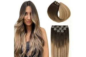 SURNEL Extensiones de Clip de Pelo Natural, Marrón Oscuro a Castaño y Rubio Sucio Resaltado 100g 40cm 6 Piezas Extensiones Pelo Natural Humano Extensiones Pelo Clip Extensiones de Clip(#2/6/18-40cm)