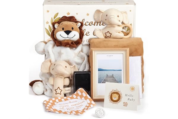 Lictin Cadeaux de Naissance Neutres, Pièce de Décision de Nouveaux Parents, Kit Empreinte Pieds Bébé, Doudou Lion, Couverture pour Bébé - 100% Coton - Cadeaux Créatifs pour Jeunes Parents
