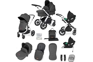 Ickle Bubba Stomp Luxe 12 pièces Poussette, siège auto i-Size Cirrus et base ISOFIX – Tout-terrain, poussette, nacelle, chauffe-pieds et habillage pluie, de la naissance à 4 ans* (Argenté/Gris/noir)