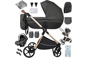 Nine point nine Kinderwagen 3 in 1, Kinderwagen Set mit Umkehrbarem Doppelschiebemodus, Kombikinderwagen 3 in 1 mit Großer Bequemer Babywanne, Kinderwagen Rahmen Aluminiumlegierung (H2 Deep Grey)