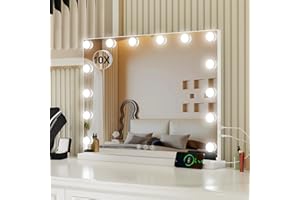 Buildonely Lustro do makijażu z oświetleniem, 17 diod LED, możliwość ściemniania, 3 tryby świecenia, duże lustro Hollywood z oświetleniem z powiększeniem 10x, lustro stołowe, ścienne, sterowanie