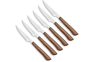 Arcos Cuchillos Carne | 6 pzas | Cuchillos chuleteros Set Cuchillo de Mesa Sierra | Mango Madera | Hoja 110 mm | Cuchillos Carne Mesa | Apto lavavajillas | Envase Carton | Ecologico