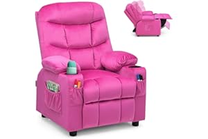 GYMAX Kids Sofa Chair, Velvet Children Recliner Armchair with Adjustable Backrest & Footrest, Padded Headrest & Armrest and Cup Holders, Upholstered Toddler Lounge Chair for Boys Girls (Pink)