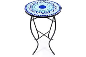 VONLUCE Table de Jardin de Style Mosaïque, Table Ronde d'Appoint en Mosaïque de Pierre de Dia. de 35,5CM (Bleu, Blanc et Noir)
