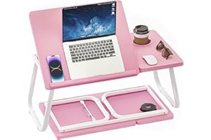 Blisswood Laptop Desk, Laptop Bed Table With Foldable Legs & Cup Slot, Laptop Tray For Bed, Sofa Breakfast Folding Table Lap Desk Notebook Stand for Reading Writing Working (Pink)