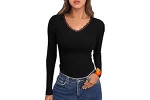 Crewhpo Thermo Oberteil Damen Langarm Slim Fit Oberteil mit Spitze Basic Langarmshirts Thermohemd für Frauen Einfarbiges Thermoshirt mit V-Ausschnitt