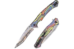 YOUSUNLONG Coltello da campeggio pieghevole - Lama in acciaio damasco CuMai - Manico in G10 multicolore