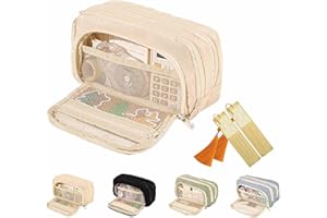 CLOUDEMO Trousse à Crayons de Grande capacité, Trousse à Crayons esthétique à 3 Compartiments, Trousse à Crayons de Grande capacité, Trousse à Crayons Kawaii pour Femmes et Filles (Beige)