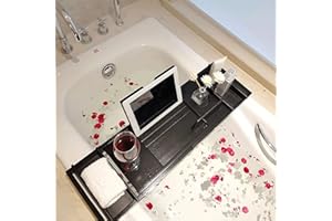 WEIGR Bambus Badewannentablett - Verstellbare Badewannenablage mit Teleskopfunktion (75-110 cm), Elegante Badezimmer-Deko für Aufbewahrung in Wohnungen, Hotels und Badezimmern (Schwarz)