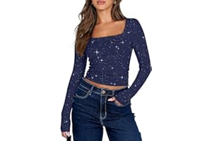 YUTILA Damen Glitzer Oberteile Kurz– Cropped Eckigem Ausschnitt Party Tops, Langarm Slim Fit Stretch Festliches Shirt Outfit