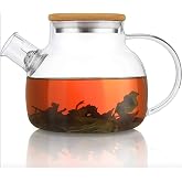 Promosyonca Borosilikat Cam Demlik, Bambu Kapaklı, S&uuml;zge&ccedil;li, 1000 ml, Isıya Dayanıklı, &Ccedil;ay Kahve Bitki &Ccedil;ayı i&ccedil;in, Cam &Ccedil;aydanl