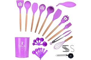 ONATISMAGIN Lot de 35 ustensiles de cuisine en silicone antiadhésif, coend une spatule, une cuillère fendue, une cuillère, une roue à pizza, un crochet et plus encore (violet)