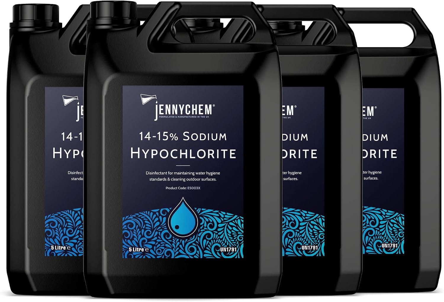 Jennychem Sodium Hypochlorite 14–15% – Powerful 20L (4X5L) Patio Cleaner & Swimming Pool Chlorine | Sodium Hypochlorite Solution for Algae, Odours & Outdoor Surfaces