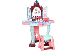 AIYAPLAY Set Tavolo Toeletta con Sgabello per Bambini da 3-6 Anni, Postazione Trucco Bambina con Luci e Musica, 31 Accessori di Bellezza Inclusi