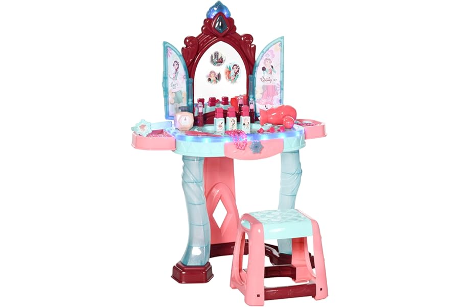 AIYAPLAY 31 Pieces Kids Dressing Table Set with Magical Princess Mirror, Music Lights, Makeup Accessories, Hair Dryer, Chair, Drawer for Ages 3-6 Years