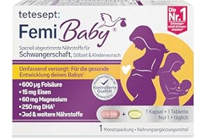 ‎TETESEPT tetesept Femi Baby – 16 Nährstoffe für Kinderwunsch, Schwangerschaft & Stillzeit – mit Folsäure, Eisen, Jod + DHA – 1 x Monatspackung à 30 Tabletten + 30 Kapseln NEU